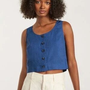 Everlane Tank Top Women 2 XS Linen Blue Crop Button Front Shirt Royal